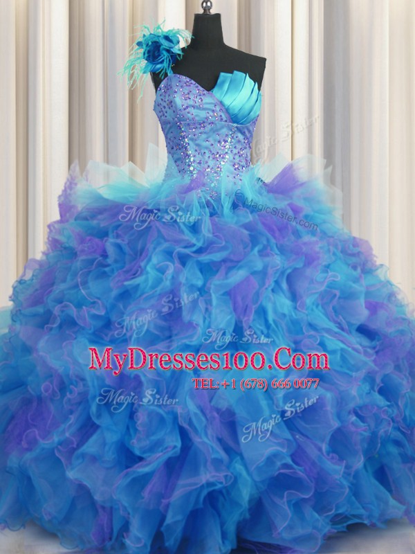 One Shoulder Handcrafted Flower Sleeveless Lace Up Floor Length Beading and Ruffles and Hand Made Flower Quinceanera Gowns
