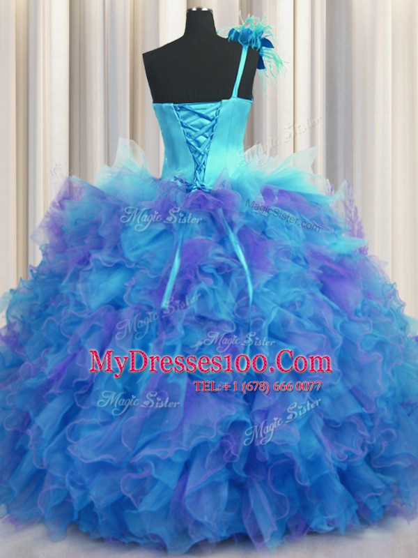 One Shoulder Handcrafted Flower Sleeveless Lace Up Floor Length Beading and Ruffles and Hand Made Flower Quinceanera Gowns