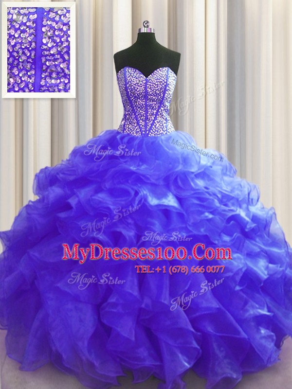 Visible Boning Purple Sweetheart Lace Up Beading and Ruffles Quinceanera Dress Sleeveless