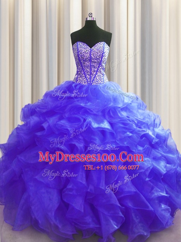 Visible Boning Purple Sweetheart Lace Up Beading and Ruffles Quinceanera Dress Sleeveless