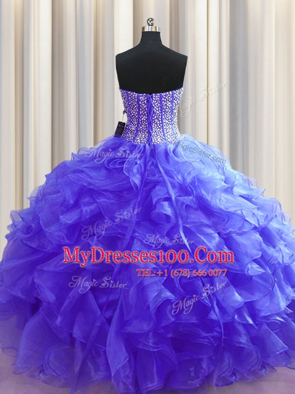 Visible Boning Purple Sweetheart Lace Up Beading and Ruffles Quinceanera Dress Sleeveless