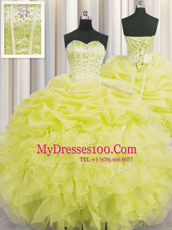 Visible Boning Sleeveless Organza Floor Length Lace Up Quinceanera Gown in Yellow with Beading and Ruffles and Pick Ups