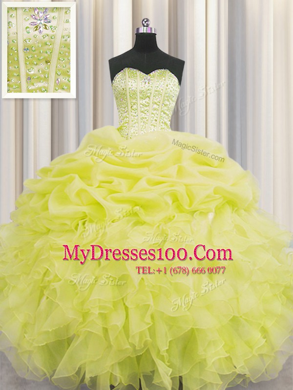Visible Boning Sleeveless Organza Floor Length Lace Up Quinceanera Gown in Yellow with Beading and Ruffles and Pick Ups