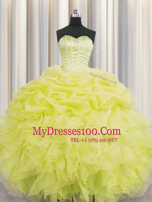 Visible Boning Sleeveless Organza Floor Length Lace Up Quinceanera Gown in Yellow with Beading and Ruffles and Pick Ups