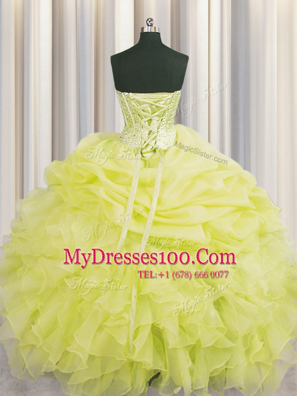 Visible Boning Sleeveless Organza Floor Length Lace Up Quinceanera Gown in Yellow with Beading and Ruffles and Pick Ups