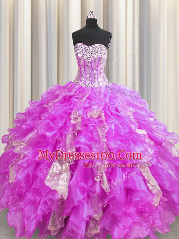 Fantastic Visible Boning Lilac Sleeveless Beading and Ruffles and Sequins Floor Length Quinceanera Dress