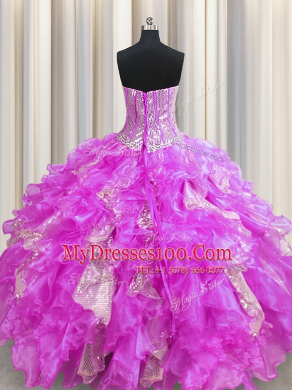 Fantastic Visible Boning Lilac Sleeveless Beading and Ruffles and Sequins Floor Length Quinceanera Dress