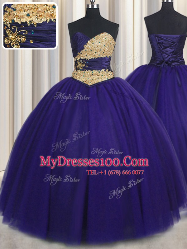 Low Price Royal Blue Lace Up Sweetheart Beading and Appliques Quinceanera Gowns Tulle Sleeveless