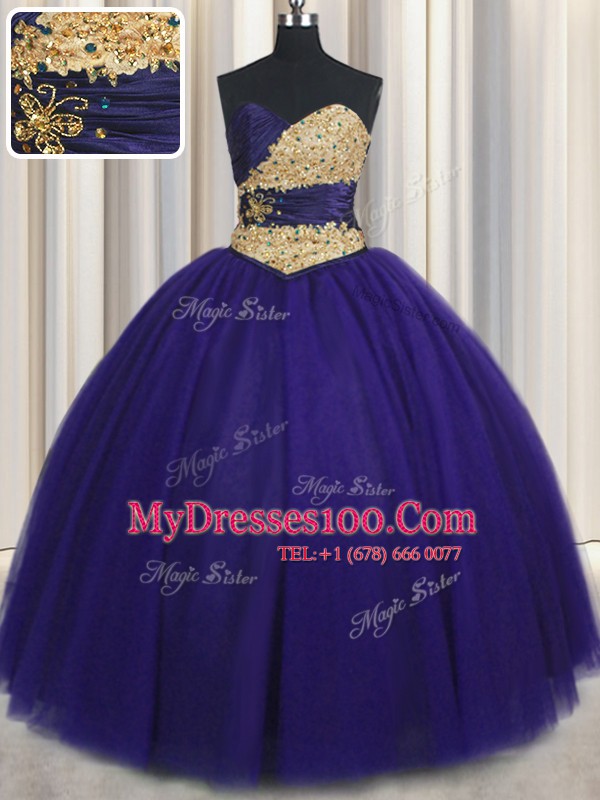 Low Price Royal Blue Lace Up Sweetheart Beading and Appliques Quinceanera Gowns Tulle Sleeveless