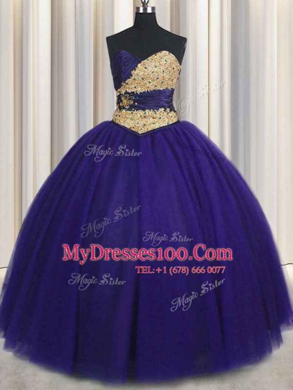 Low Price Royal Blue Lace Up Sweetheart Beading and Appliques Quinceanera Gowns Tulle Sleeveless