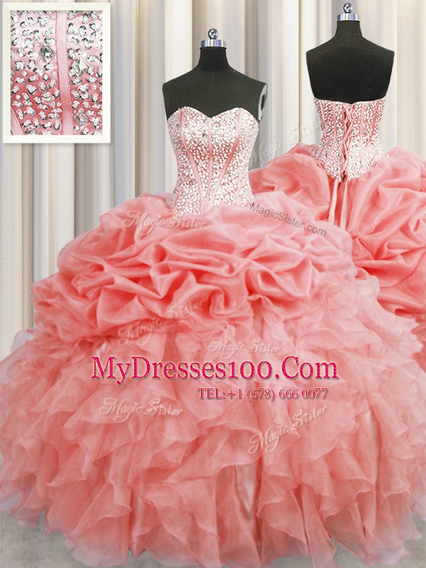 Delicate Visible Boning Watermelon Red Ball Gowns Ruffles and Pick Ups Quinceanera Dresses Lace Up Organza Sleeveless Floor Length