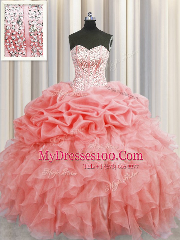 Delicate Visible Boning Watermelon Red Ball Gowns Ruffles and Pick Ups Quinceanera Dresses Lace Up Organza Sleeveless Floor Length