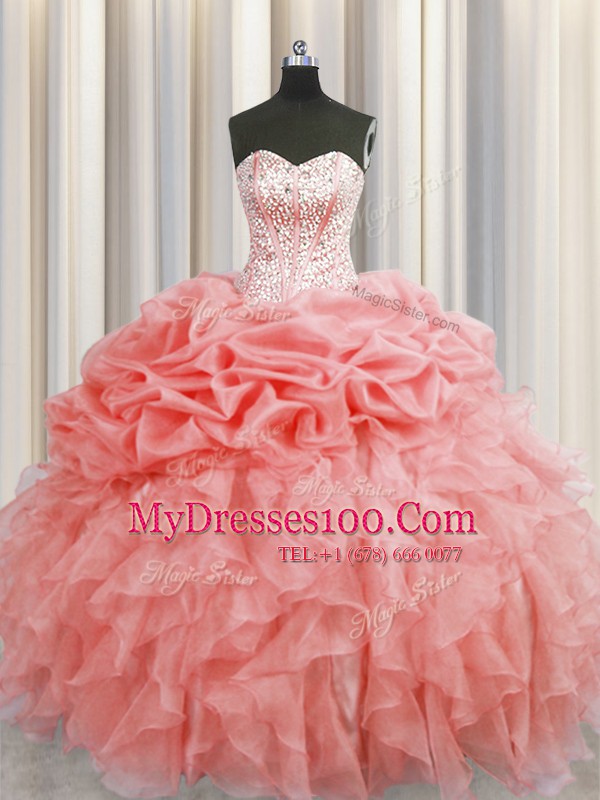 Delicate Visible Boning Watermelon Red Ball Gowns Ruffles and Pick Ups Quinceanera Dresses Lace Up Organza Sleeveless Floor Length