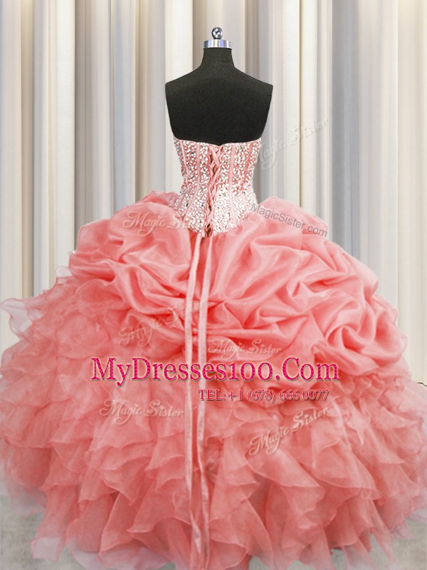 Delicate Visible Boning Watermelon Red Ball Gowns Ruffles and Pick Ups Quinceanera Dresses Lace Up Organza Sleeveless Floor Length