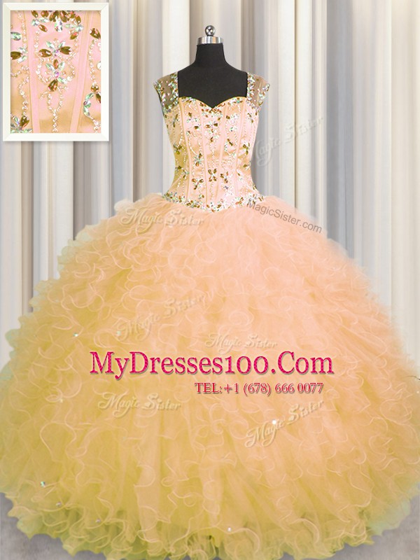 Eye-catching See Through Zipper Up Gold Zipper Straps Beading and Ruffles Quinceanera Gown Tulle Sleeveless
