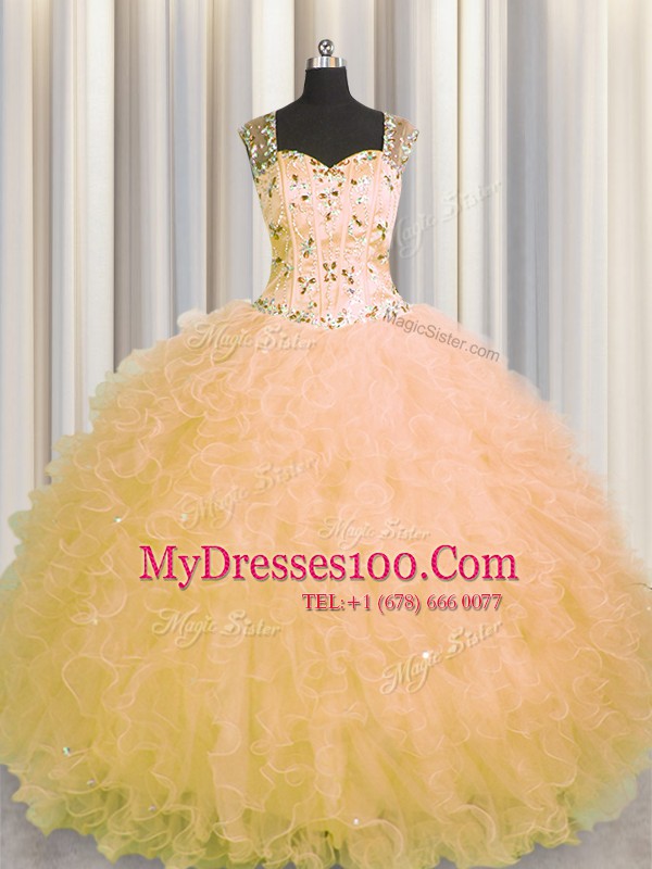 Eye-catching See Through Zipper Up Gold Zipper Straps Beading and Ruffles Quinceanera Gown Tulle Sleeveless