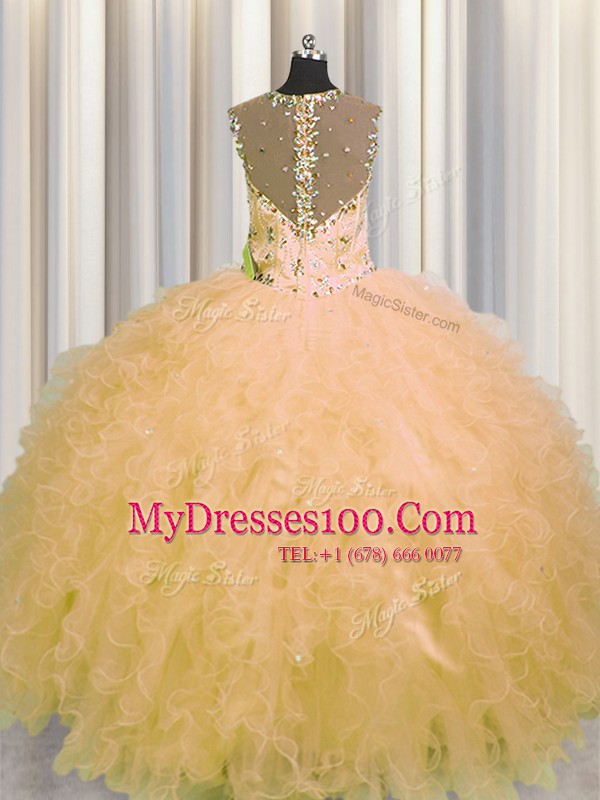 Eye-catching See Through Zipper Up Gold Zipper Straps Beading and Ruffles Quinceanera Gown Tulle Sleeveless