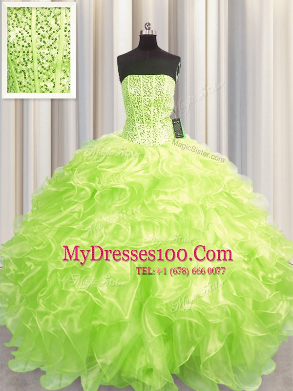 Visible Boning Organza Strapless Sleeveless Lace Up Beading and Ruffles 15 Quinceanera Dress in Yellow Green