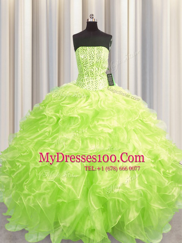Visible Boning Organza Strapless Sleeveless Lace Up Beading and Ruffles 15 Quinceanera Dress in Yellow Green
