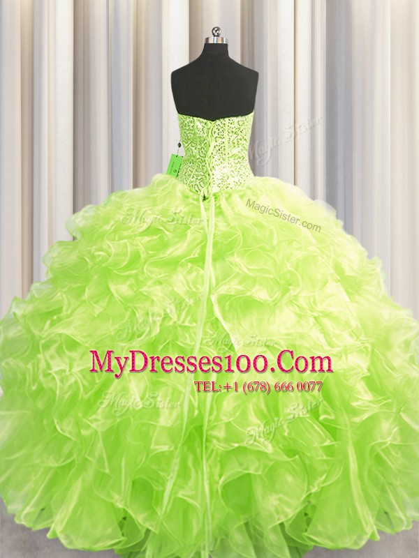 Visible Boning Organza Strapless Sleeveless Lace Up Beading and Ruffles 15 Quinceanera Dress in Yellow Green
