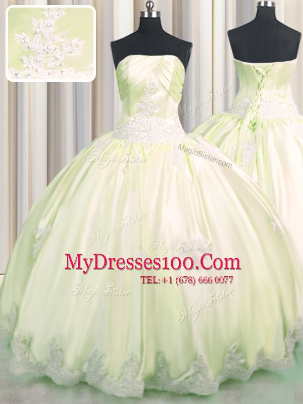 Light Yellow Sleeveless Beading and Appliques Floor Length Quinceanera Gown