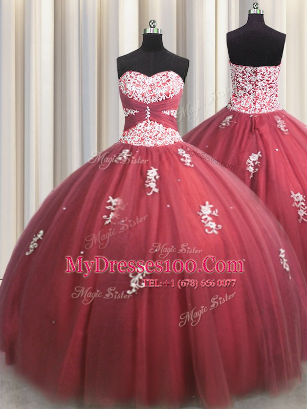 Fancy Sleeveless Tulle Floor Length Lace Up Sweet 16 Quinceanera Dress in Wine Red with Beading and Appliques