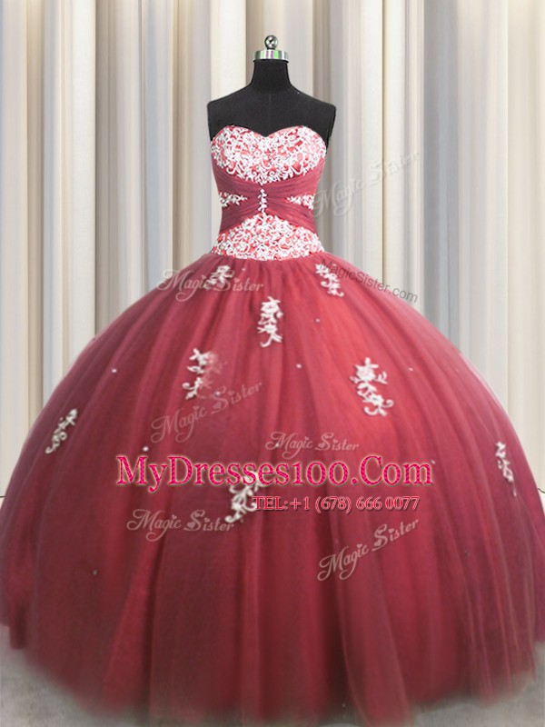 Fancy Sleeveless Tulle Floor Length Lace Up Sweet 16 Quinceanera Dress in Wine Red with Beading and Appliques