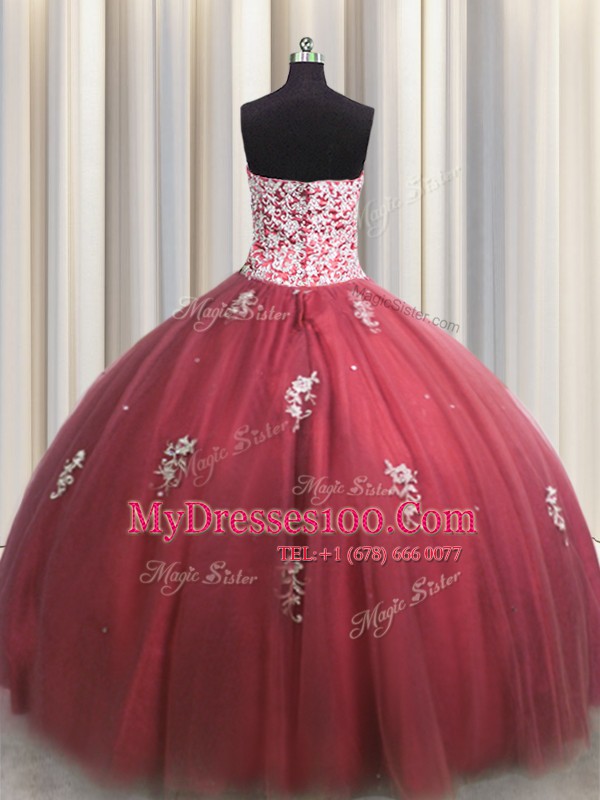 Fancy Sleeveless Tulle Floor Length Lace Up Sweet 16 Quinceanera Dress in Wine Red with Beading and Appliques