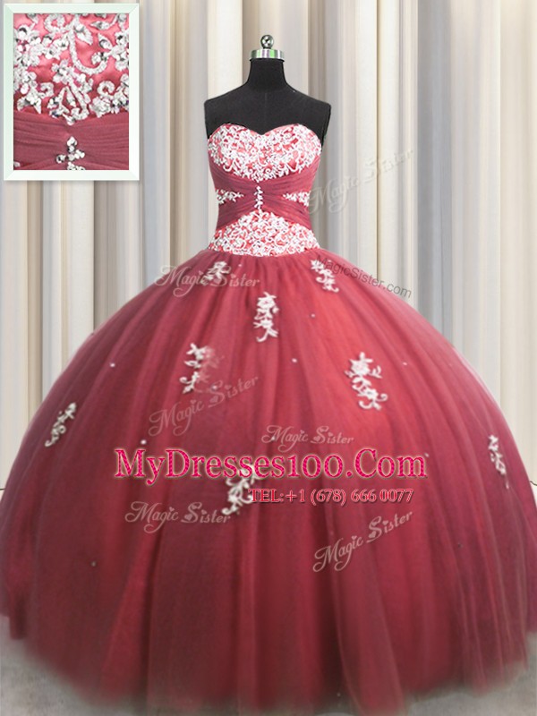 Fancy Sleeveless Tulle Floor Length Lace Up Sweet 16 Quinceanera Dress in Wine Red with Beading and Appliques