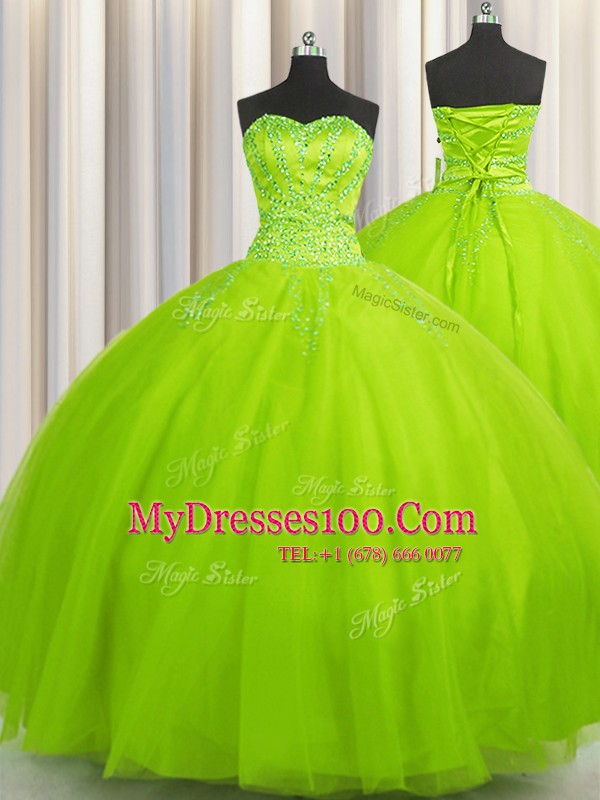 Big Puffy Sleeveless Floor Length Beading Lace Up 15 Quinceanera Dress with