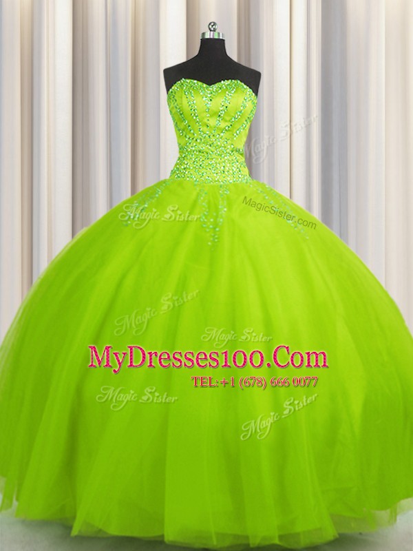 Big Puffy Sleeveless Floor Length Beading Lace Up 15 Quinceanera Dress with