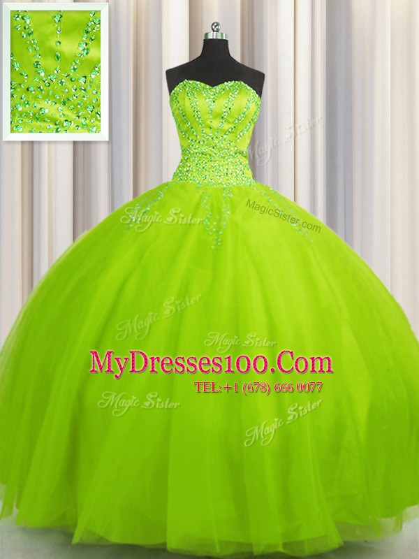 Big Puffy Sleeveless Floor Length Beading Lace Up 15 Quinceanera Dress with