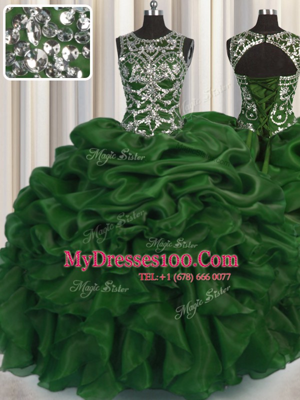 See Through Dark Green Ball Gowns Organza Scoop Sleeveless Beading and Pick Ups Floor Length Lace Up Quinceanera Gown