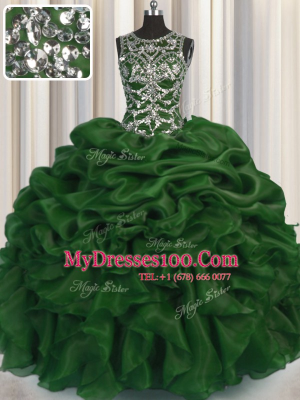 See Through Dark Green Ball Gowns Organza Scoop Sleeveless Beading and Pick Ups Floor Length Lace Up Quinceanera Gown
