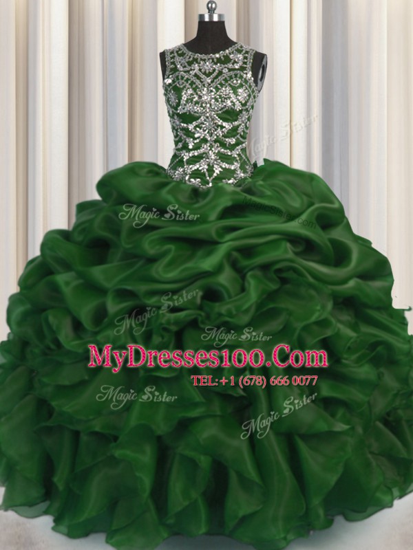 See Through Dark Green Ball Gowns Organza Scoop Sleeveless Beading and Pick Ups Floor Length Lace Up Quinceanera Gown