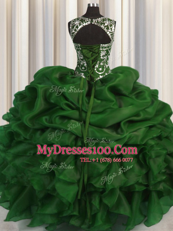 See Through Dark Green Ball Gowns Organza Scoop Sleeveless Beading and Pick Ups Floor Length Lace Up Quinceanera Gown