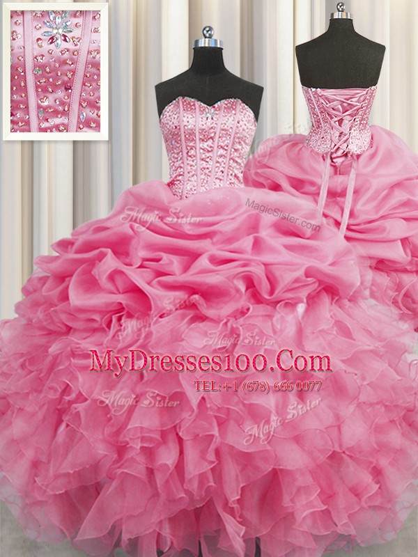 Stylish Visible Boning Rose Pink Lace Up Quinceanera Dresses Beading and Ruffles and Pick Ups Sleeveless Floor Length