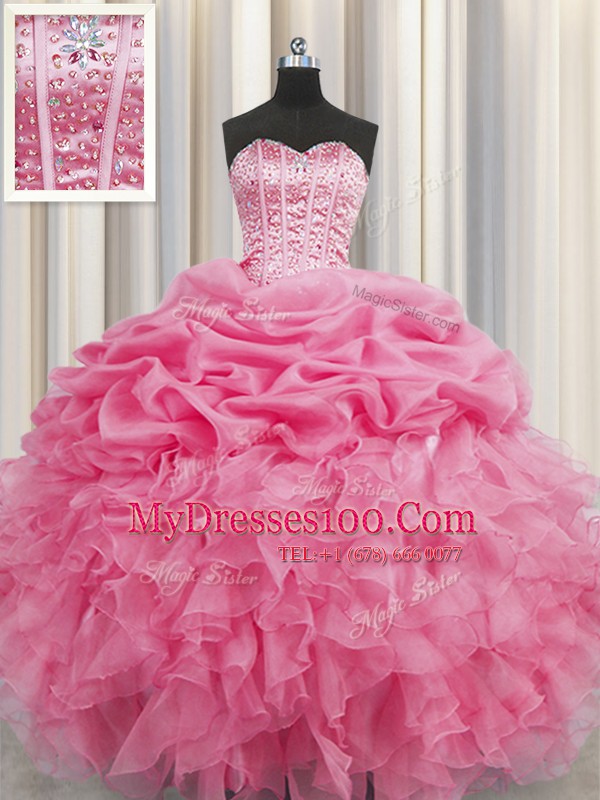 Stylish Visible Boning Rose Pink Lace Up Quinceanera Dresses Beading and Ruffles and Pick Ups Sleeveless Floor Length