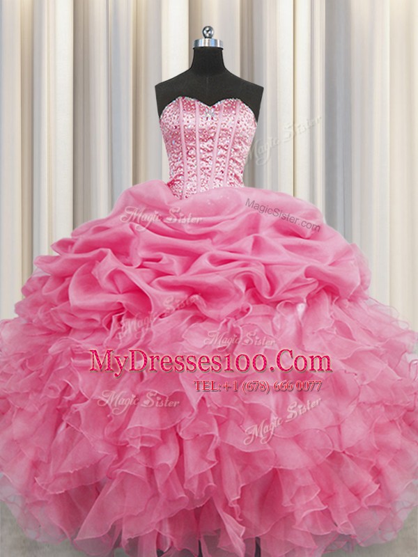 Stylish Visible Boning Rose Pink Lace Up Quinceanera Dresses Beading and Ruffles and Pick Ups Sleeveless Floor Length
