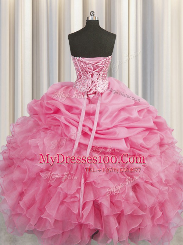 Stylish Visible Boning Rose Pink Lace Up Quinceanera Dresses Beading and Ruffles and Pick Ups Sleeveless Floor Length