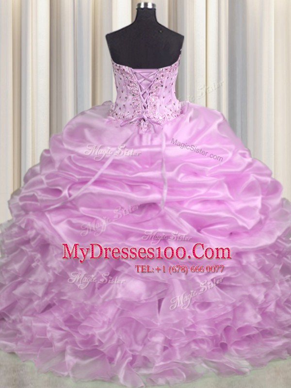 Nice Pick Ups Brush Train Ball Gowns Sweet 16 Quinceanera Dress Lilac Sweetheart Organza Sleeveless Floor Length Lace Up