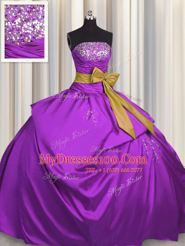 Sleeveless Satin Floor Length Lace Up Vestidos de Quinceanera in Purple with Beading and Bowknot