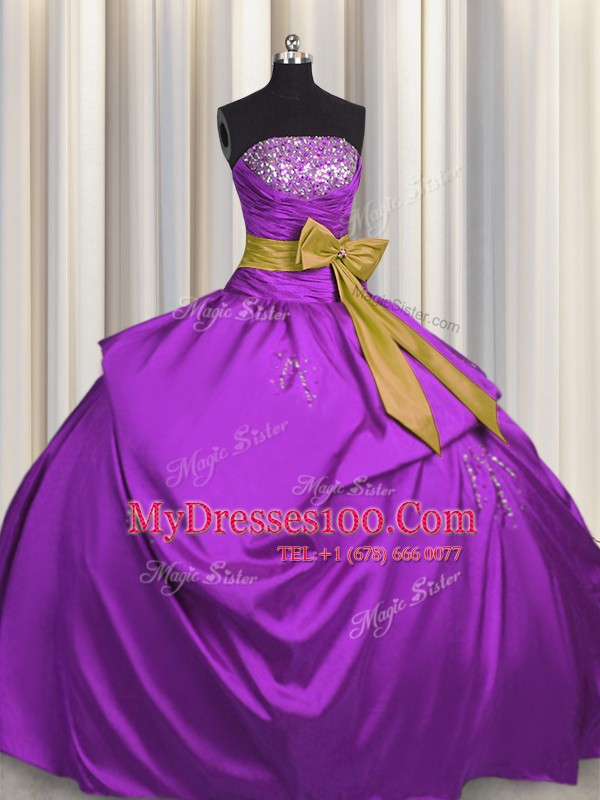 Sleeveless Satin Floor Length Lace Up Vestidos de Quinceanera in Purple with Beading and Bowknot
