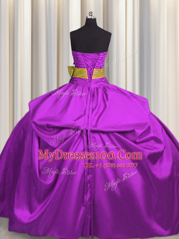 Sleeveless Satin Floor Length Lace Up Vestidos de Quinceanera in Purple with Beading and Bowknot