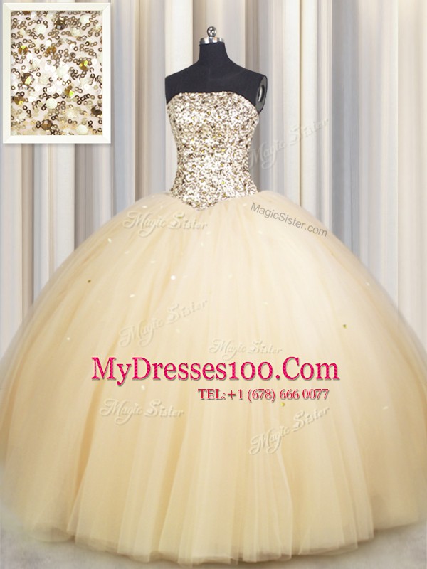 Hot Sale Really Puffy Gold Quinceanera Gown Military Ball and Sweet 16 and Quinceanera and For with Beading and Sequins Strapless Sleeveless Lace Up