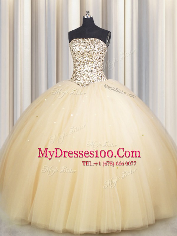 Hot Sale Really Puffy Gold Quinceanera Gown Military Ball and Sweet 16 and Quinceanera and For with Beading and Sequins Strapless Sleeveless Lace Up