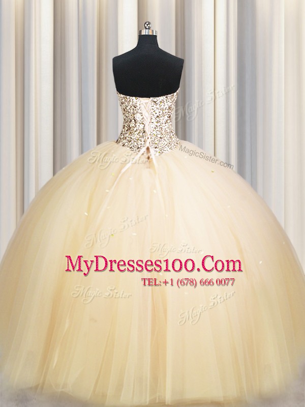 Hot Sale Really Puffy Gold Quinceanera Gown Military Ball and Sweet 16 and Quinceanera and For with Beading and Sequins Strapless Sleeveless Lace Up