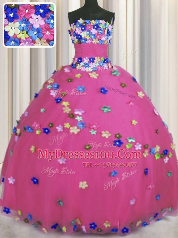 Pretty Sleeveless Floor Length Hand Made Flower Lace Up Sweet 16 Dress with Hot Pink