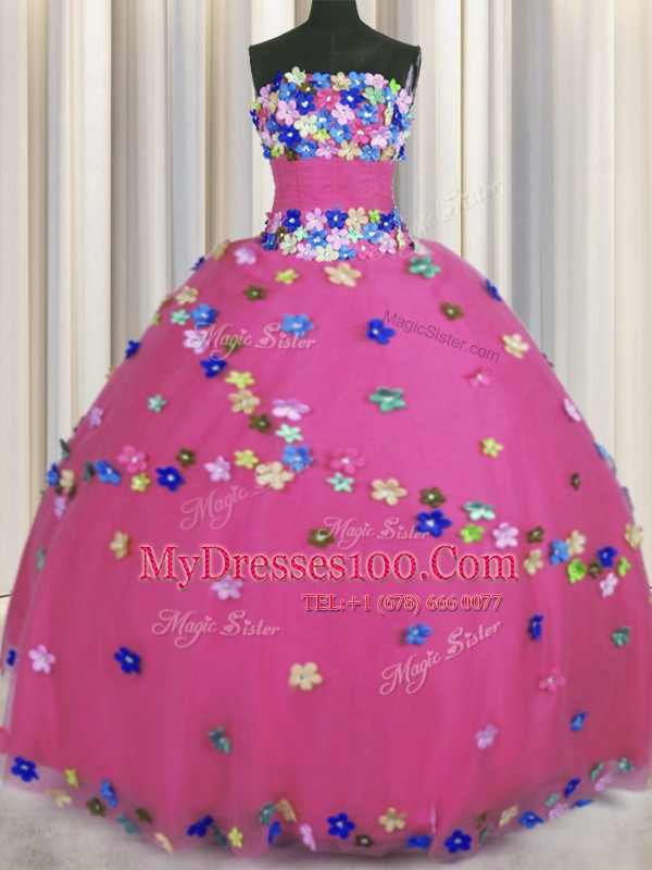 Pretty Sleeveless Floor Length Hand Made Flower Lace Up Sweet 16 Dress with Hot Pink