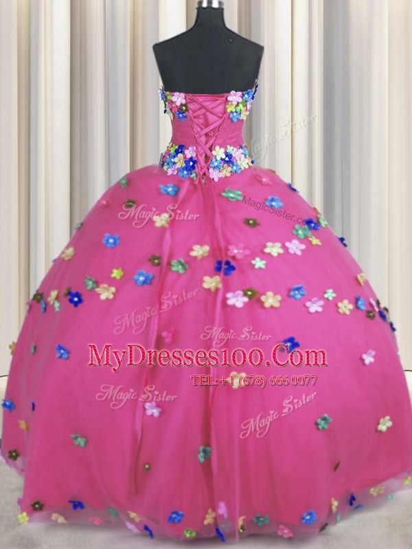 Pretty Sleeveless Floor Length Hand Made Flower Lace Up Sweet 16 Dress with Hot Pink